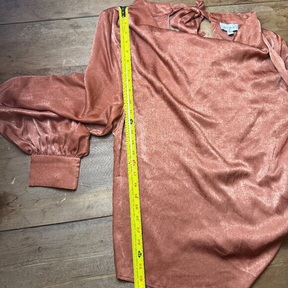 Aura | Size L | Silky Terracotta Cowl Blouse with Bow Neck and Jewel Buttons - Picture 8 of 11